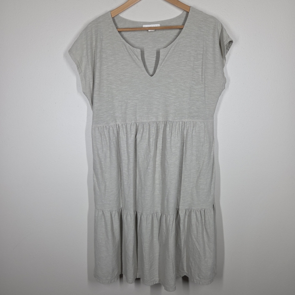 Becasa Taupe Tan Cotton Linen Tired Mini Dress Notch Neck Short Sleeve Medium